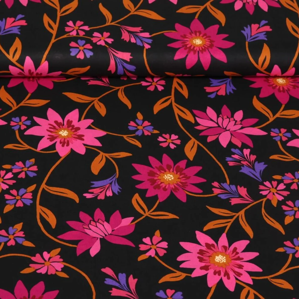 Baumwollvoile Blumenranken Schwarz