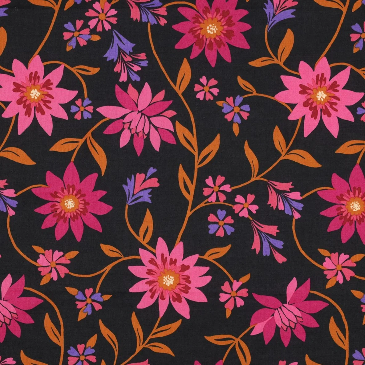 Baumwollvoile Blumenranken Schwarz
