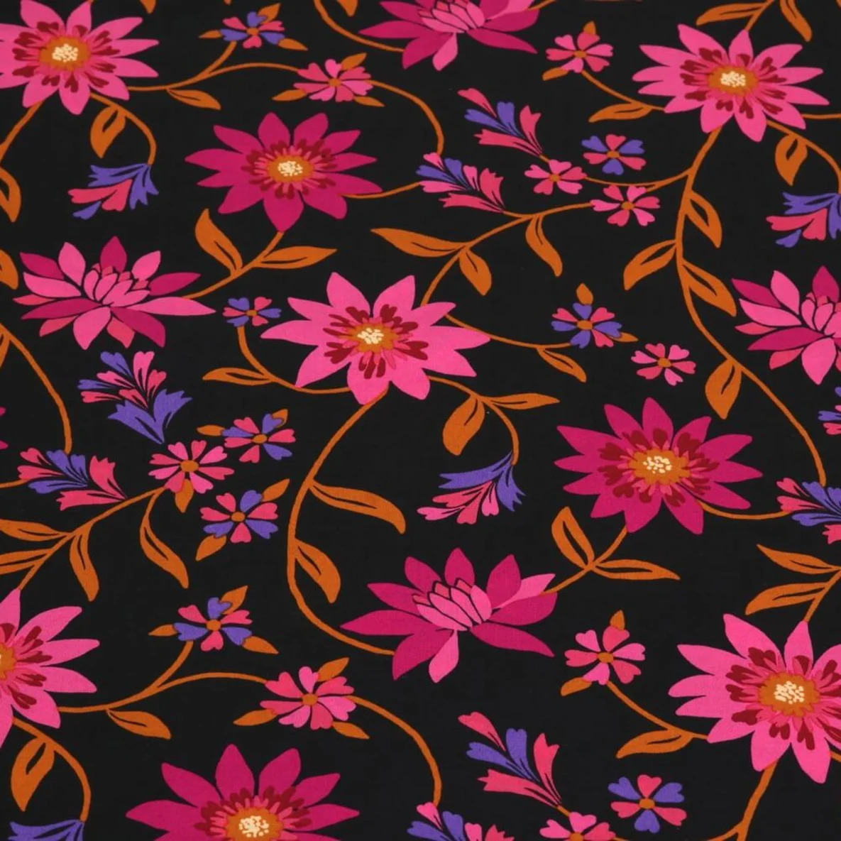 Baumwollvoile Blumenranken Schwarz