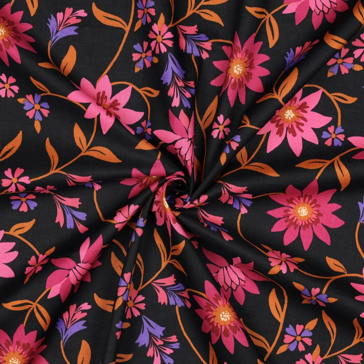 Baumwollvoile Blumenranken Schwarz