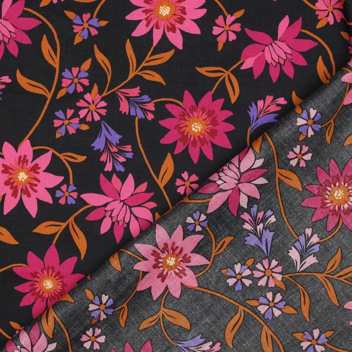 Baumwollvoile Blumenranken Schwarz