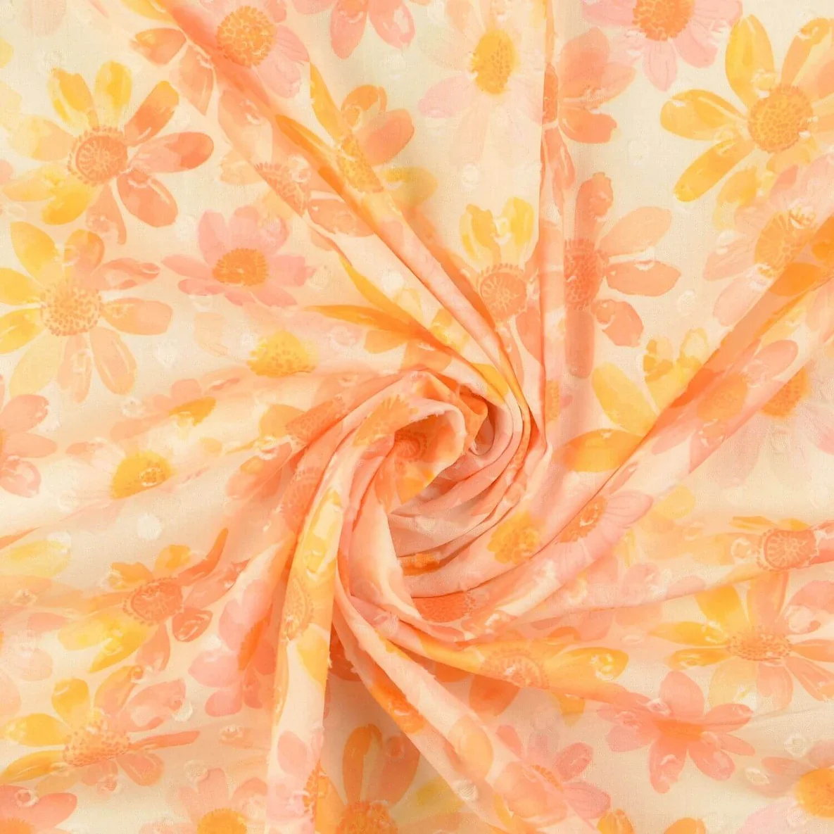 Baumwollvoile Dobby Blumen Ecru Orange