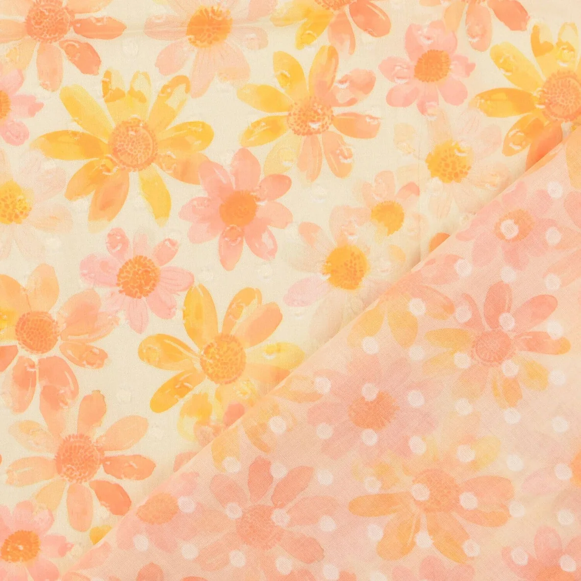 Baumwollvoile Dobby Blumen Ecru Orange