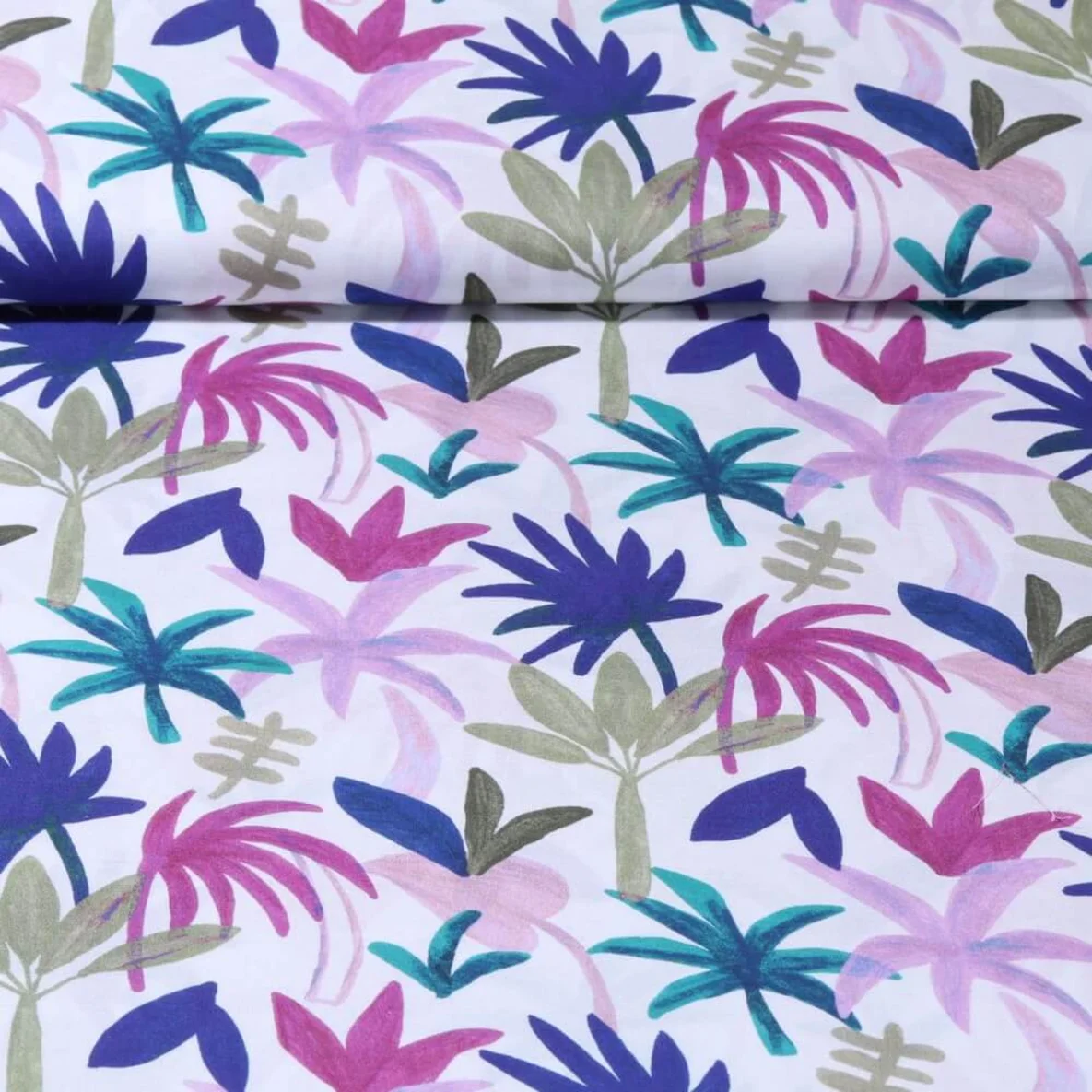 Baumwollvoile "Palmen" Weiß Magenta