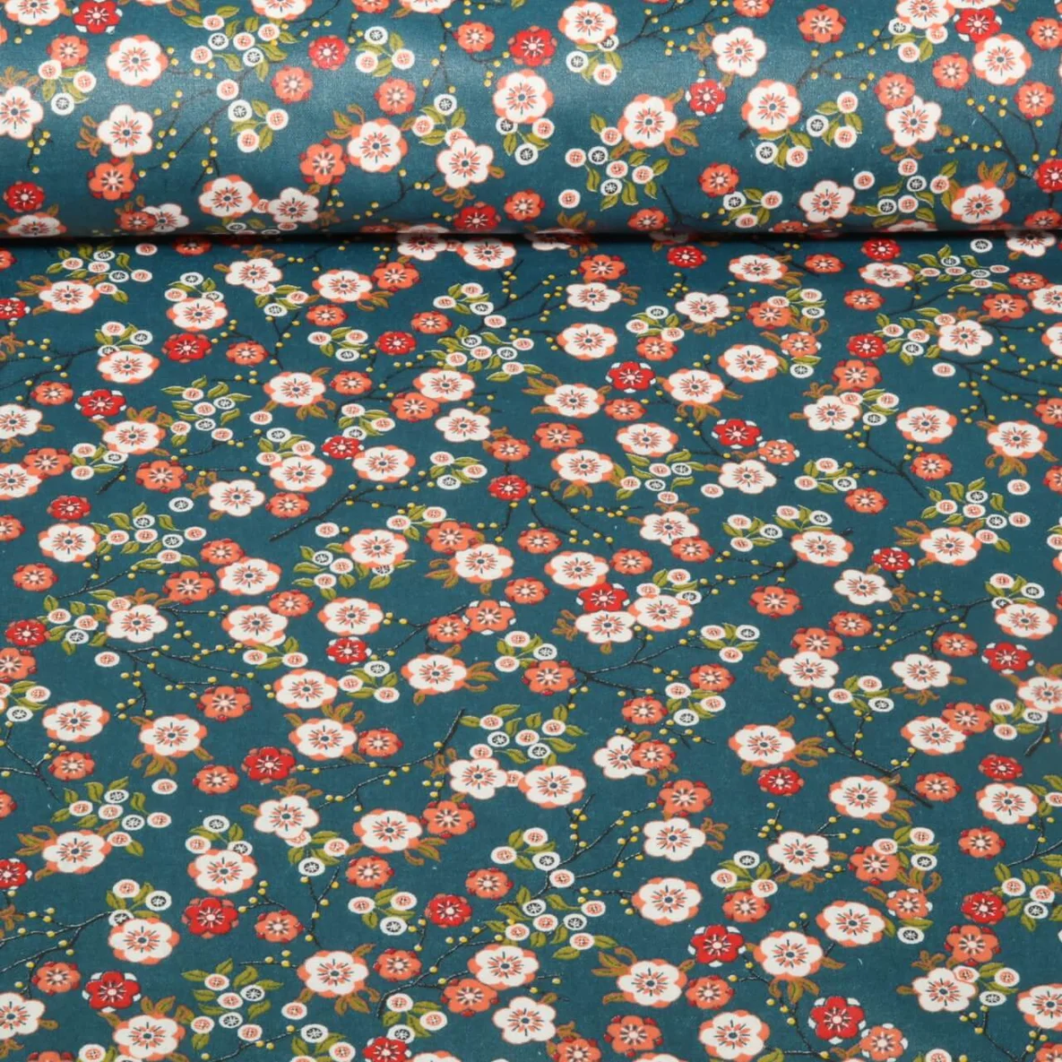 Beschichtete Baumwolle Blumen Japan Petrol