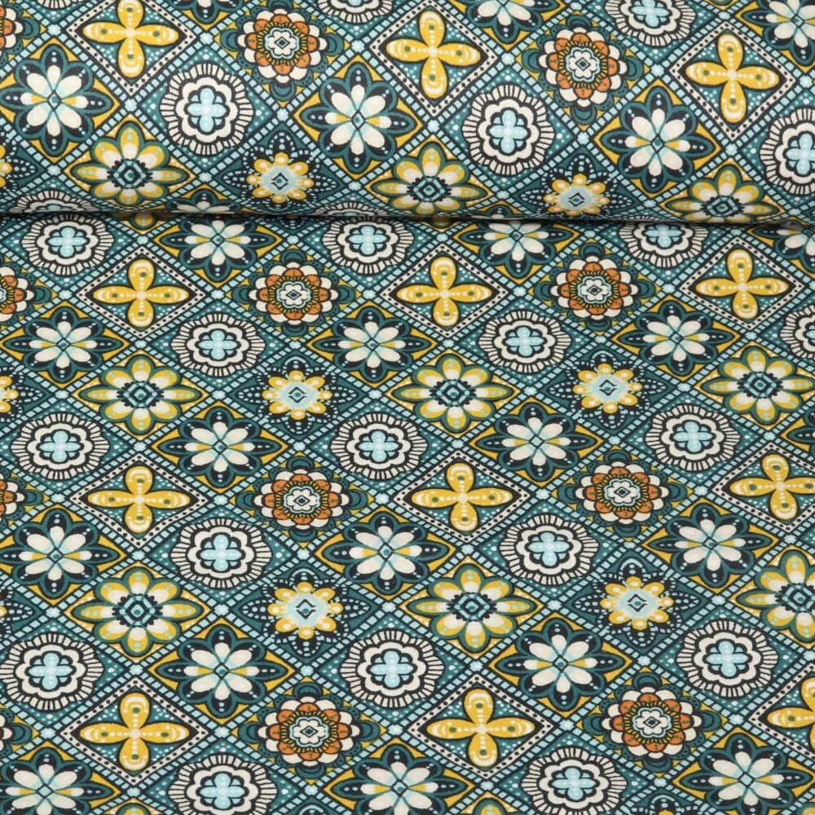 Beschichtete Baumwolle Blumen Orient Blau