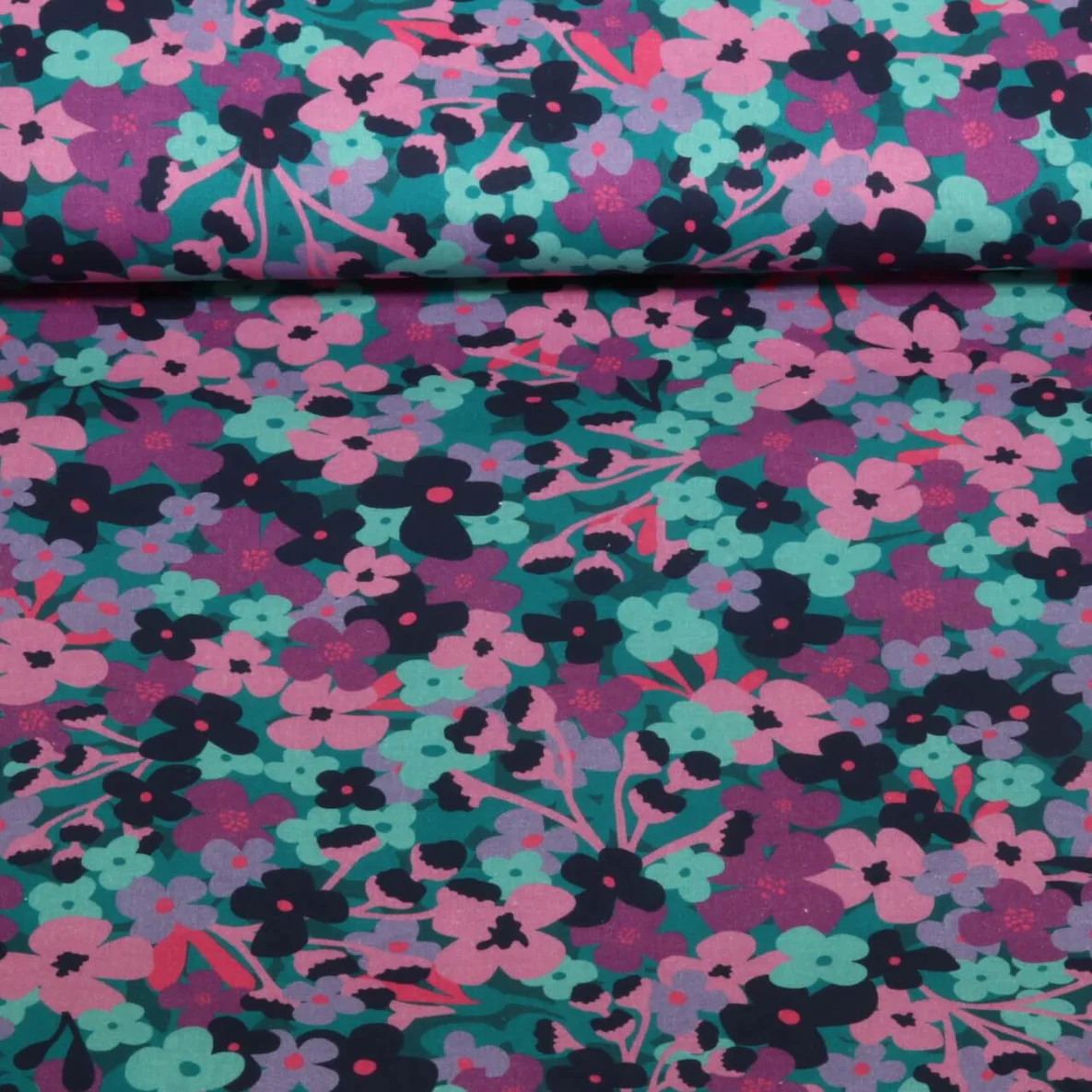 Beschichtete Baumwolle Blumen Petrol