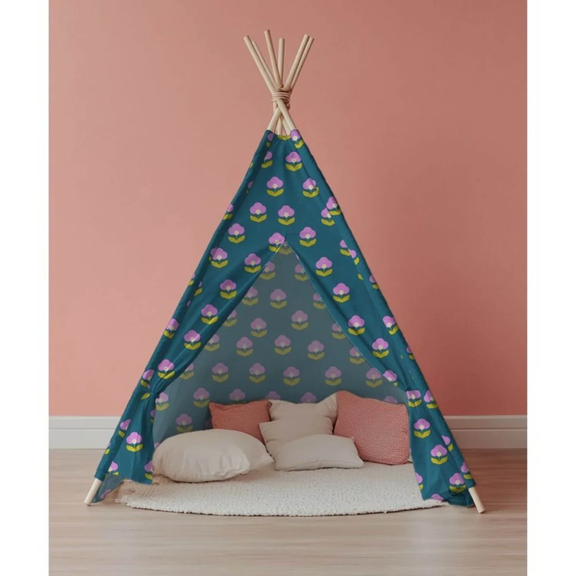 Beschichtete Baumwolle Blumen Petrol