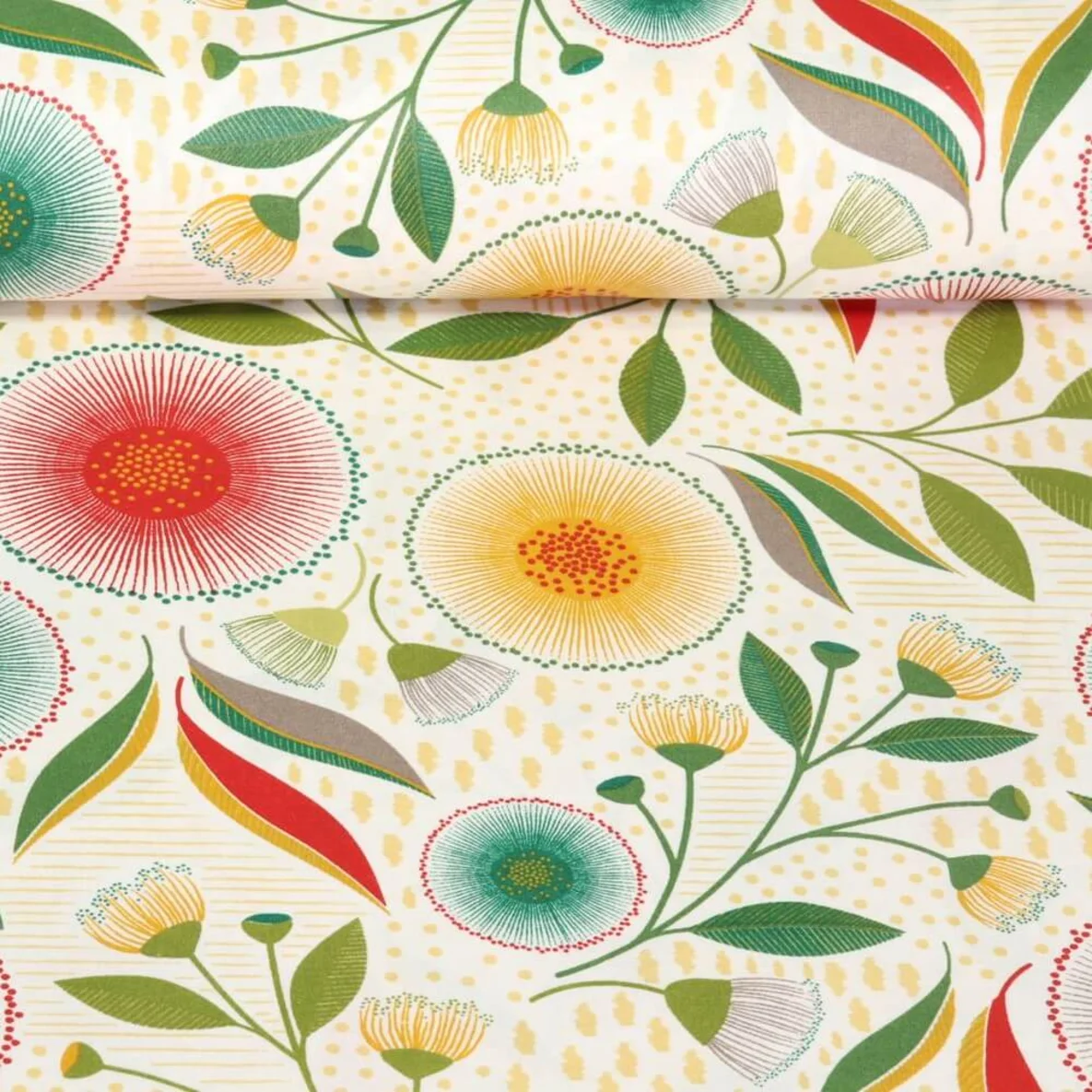 Beschichtete Baumwolle Blumen Punkte Weiß Grün
