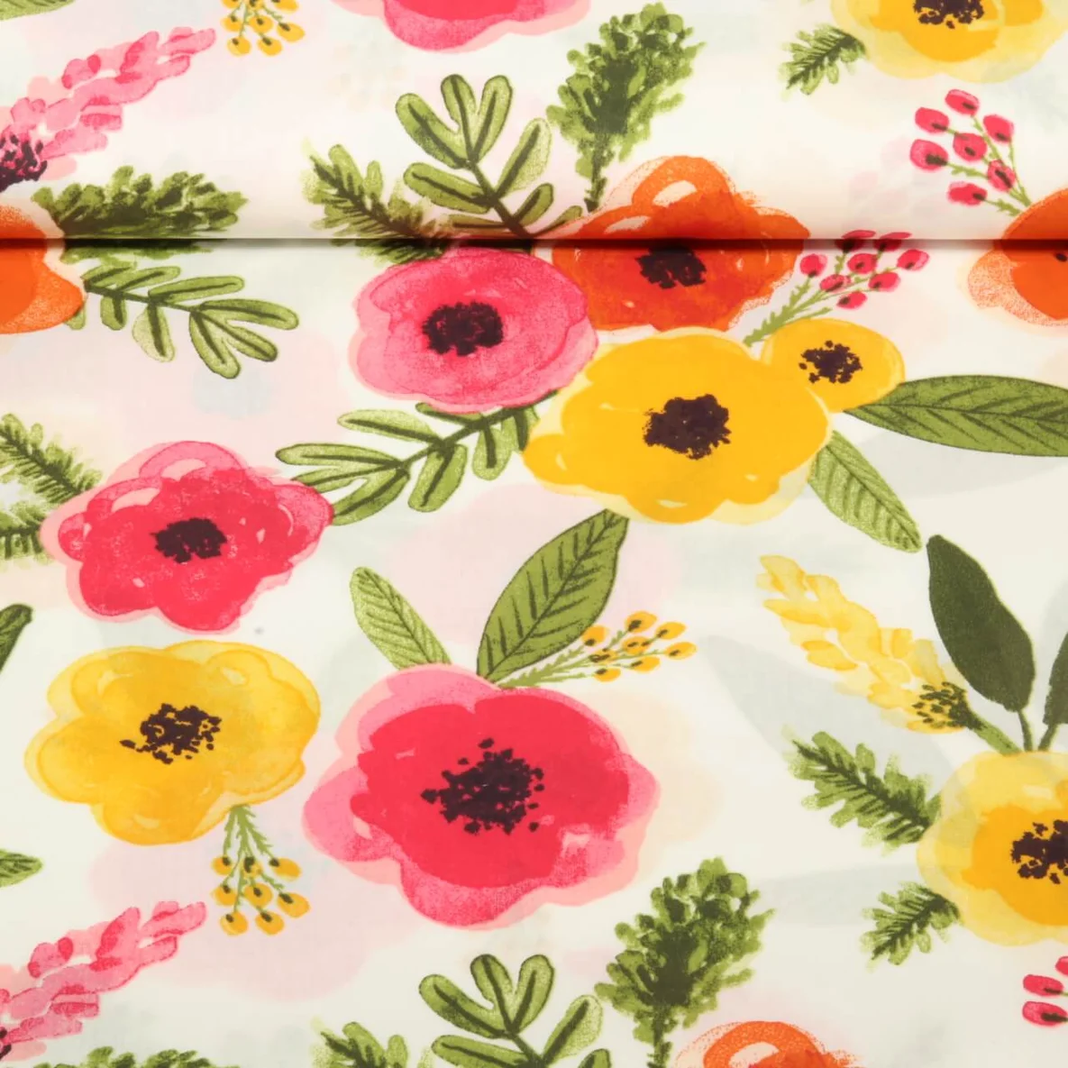 Beschichtete Baumwolle Bunte Blumen Weiß 