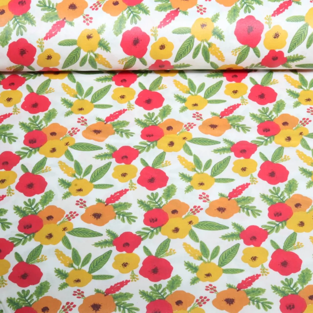 Beschichtete Baumwolle Bunte Blumen Weiß