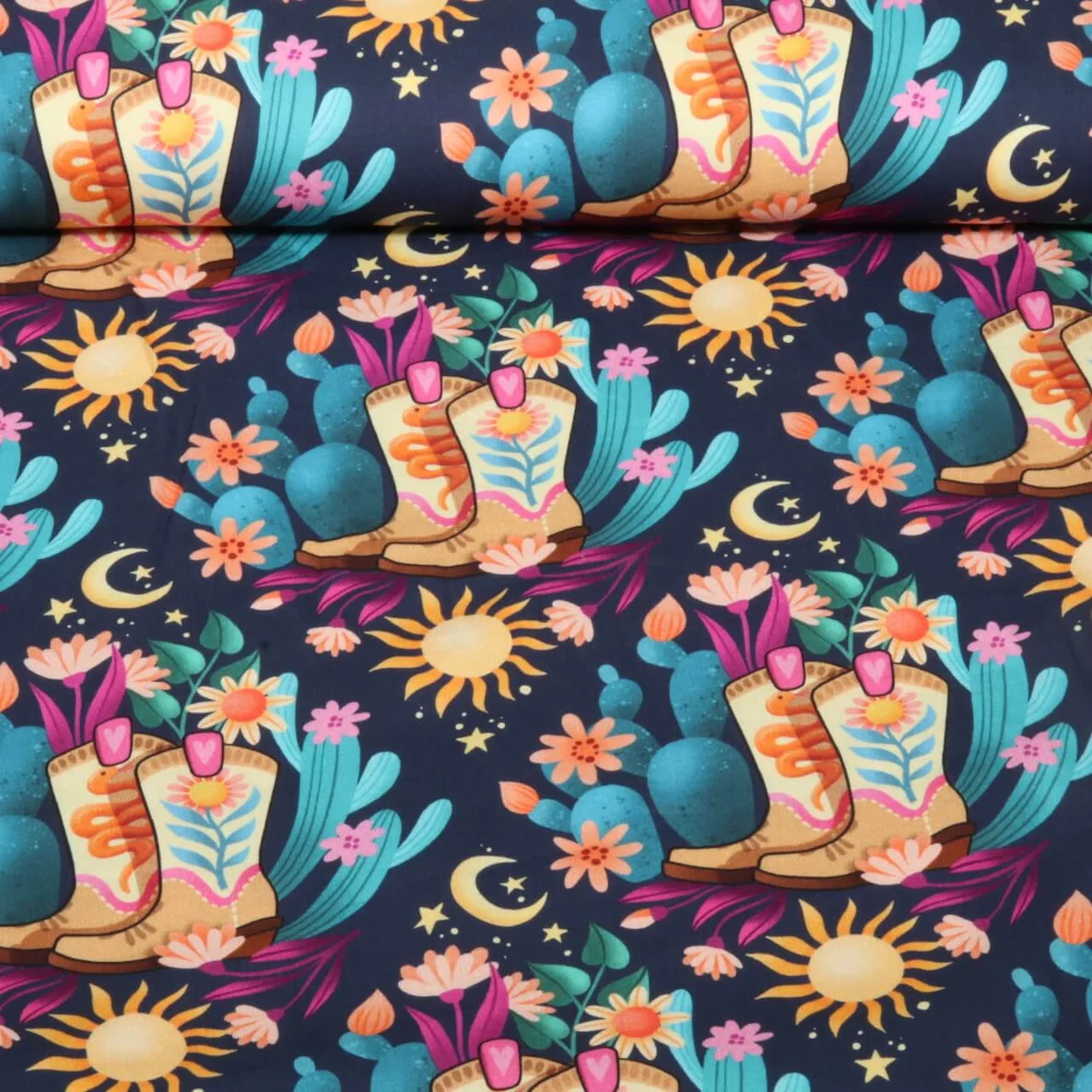 Bio Baumwoll Satin "Western Fairy Tales" Cowgirls Blau