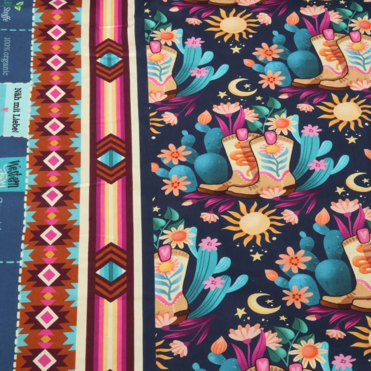 Bio Baumwoll Satin "Western Fairy Tales" Cowgirls Blau