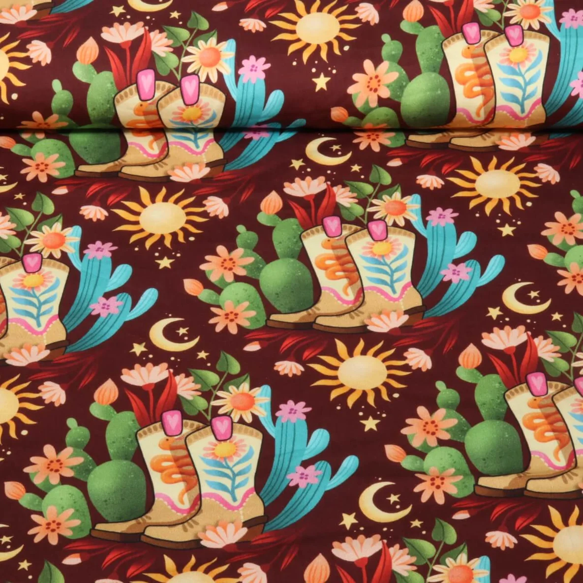 Bio Baumwoll Satin "Western Fairy Tales" Cowgirls Bordeaux