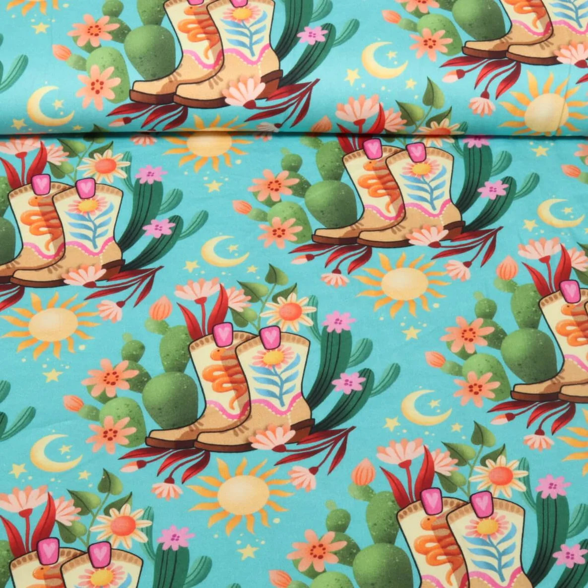 Bio Baumwoll Satin "Western Fairy Tales" Cowgirls Türkis