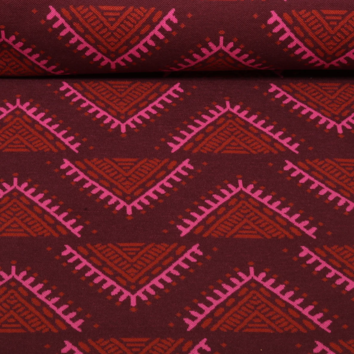 Bio Jacquard Jersey "Western Fairy Tales" Camp Site Bordeaux