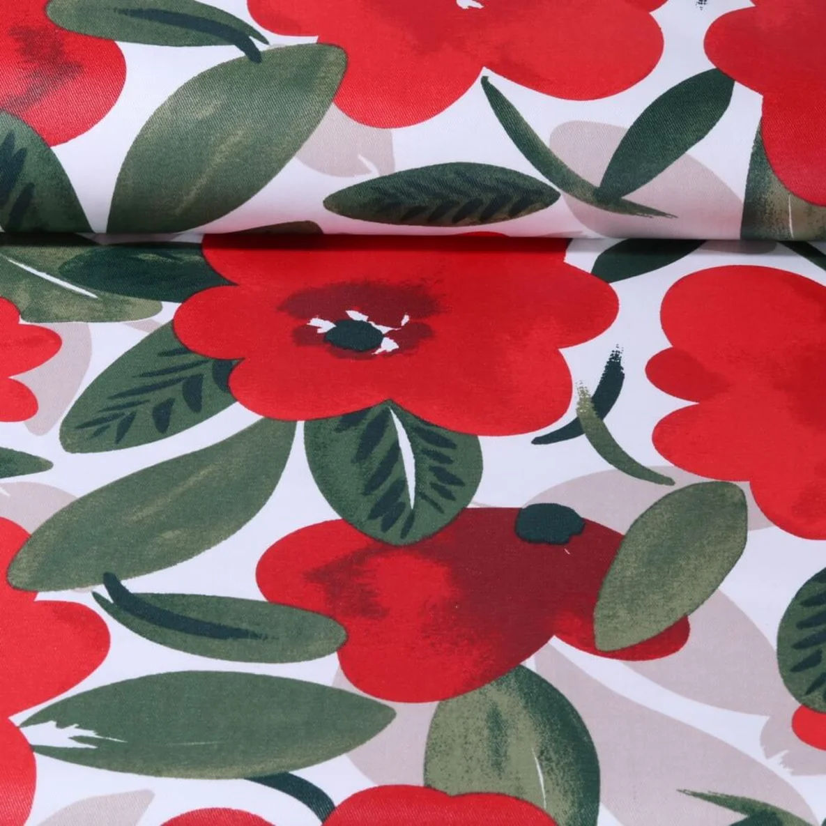 Canvas Beschichtet Große Blüten Ecru Rot