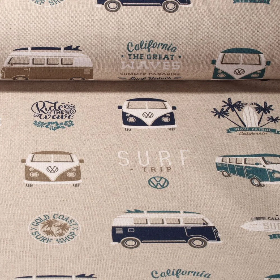 Canvas Leinenlook VW Bulli Surftrip Beige Multicolor