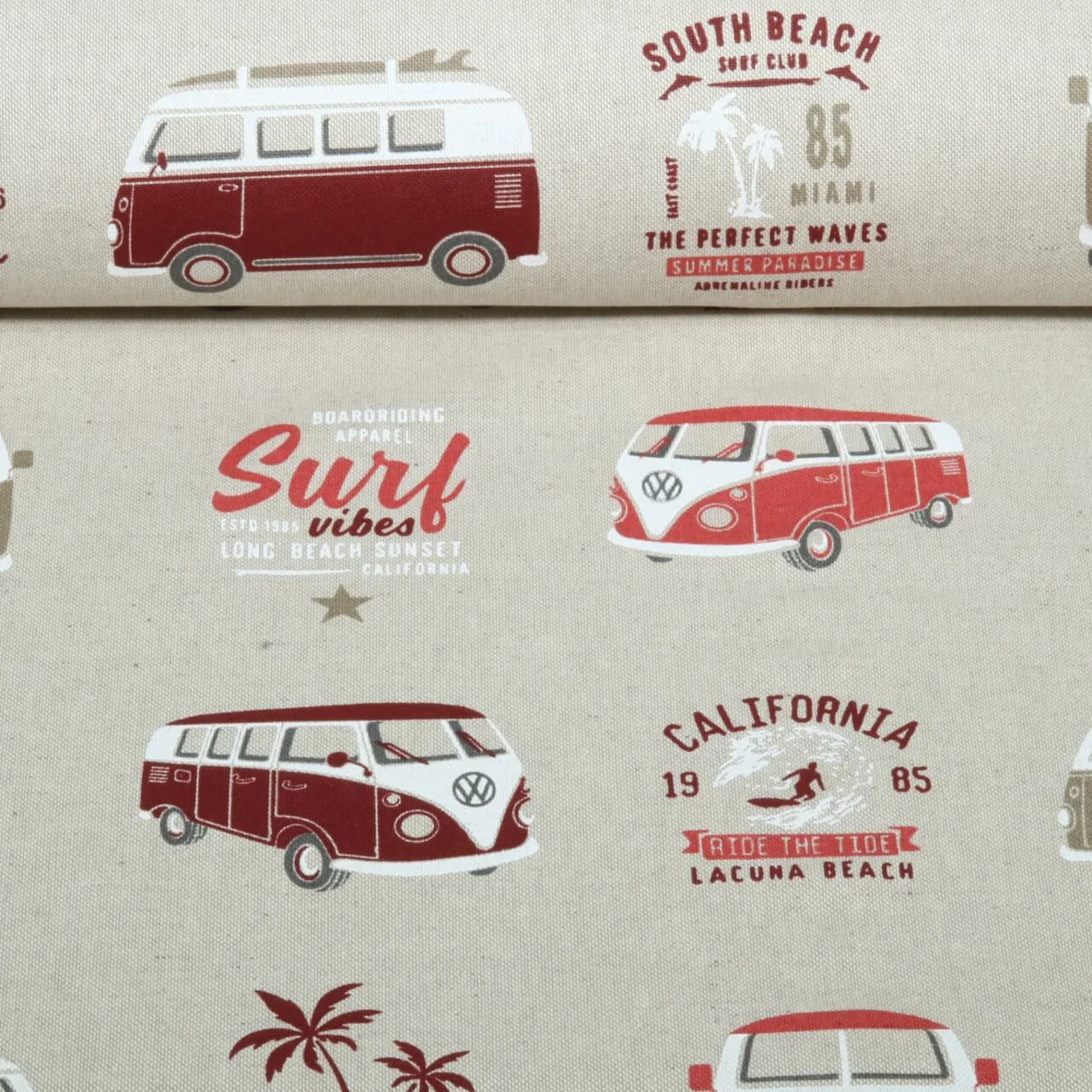 Canvas VW Bulli California Paradise Beige Rot Leinenoptik