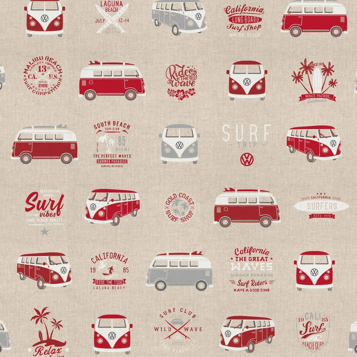 Canvas VW Bulli California Paradise Beige Rot Leinenoptik