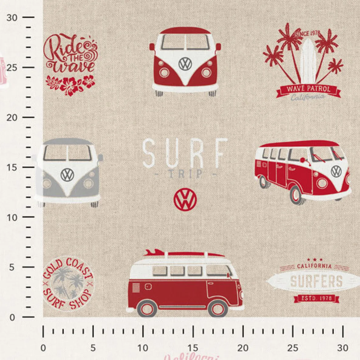 Canvas VW Bulli California Paradise Beige Rot Leinenoptik