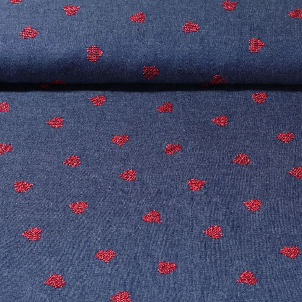 Chambray Bestickt Herzen Blau