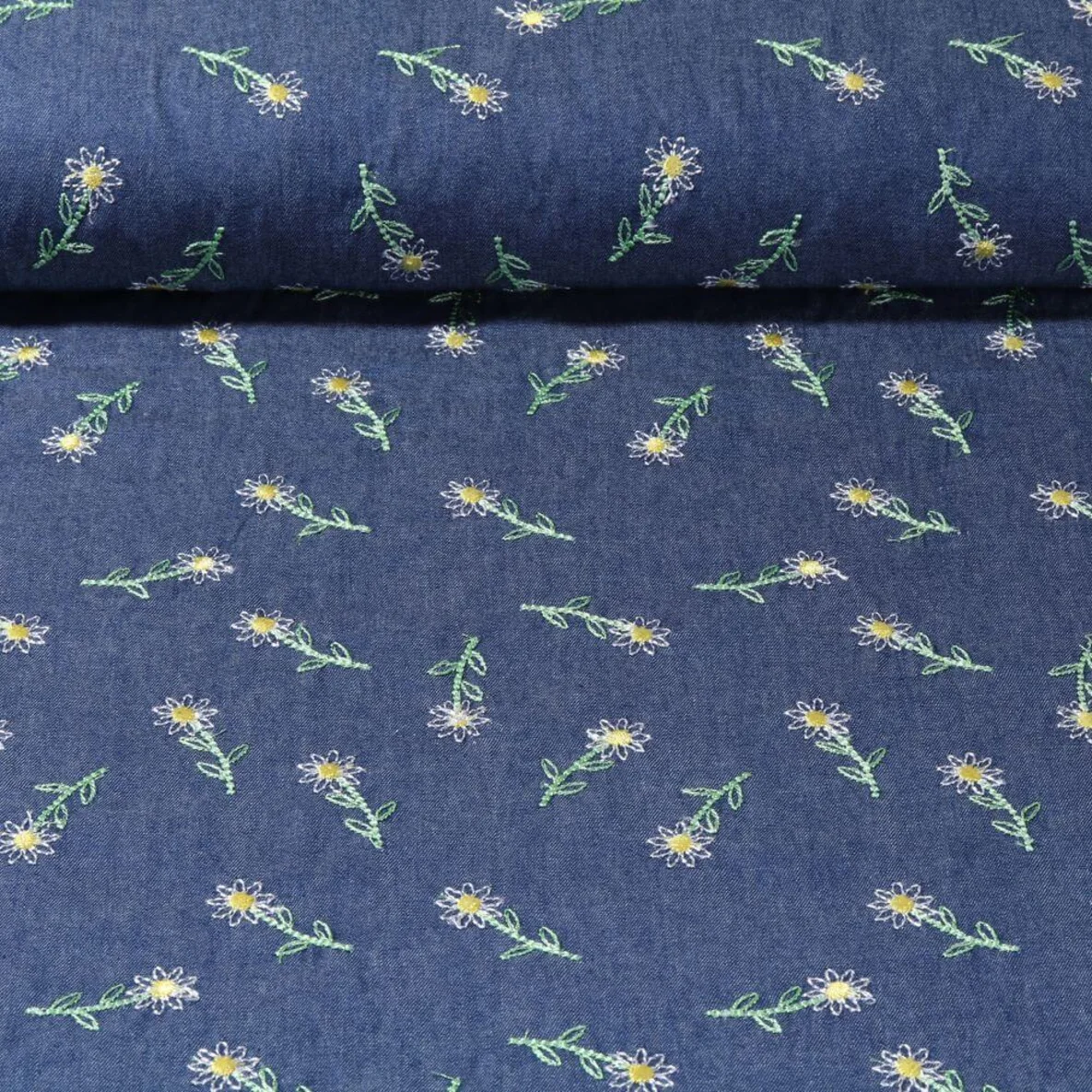 Chambray Bestickt Sonnenblumen Blau