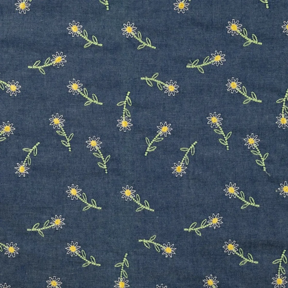 Chambray Bestickt Sonnenblumen Blau