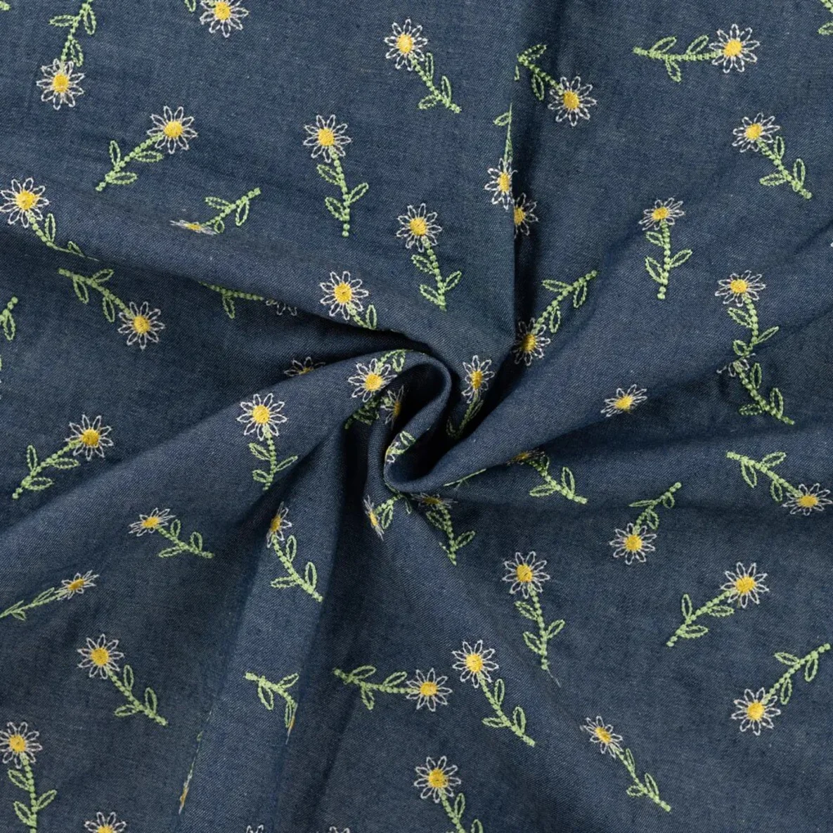 Chambray Bestickt Sonnenblumen Blau