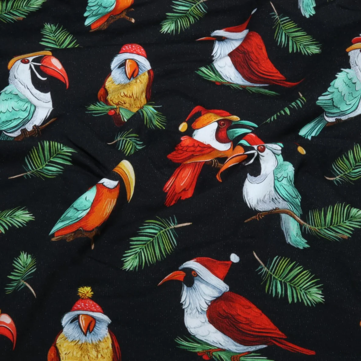 French Terry Weihnachtsvögel Schwarz