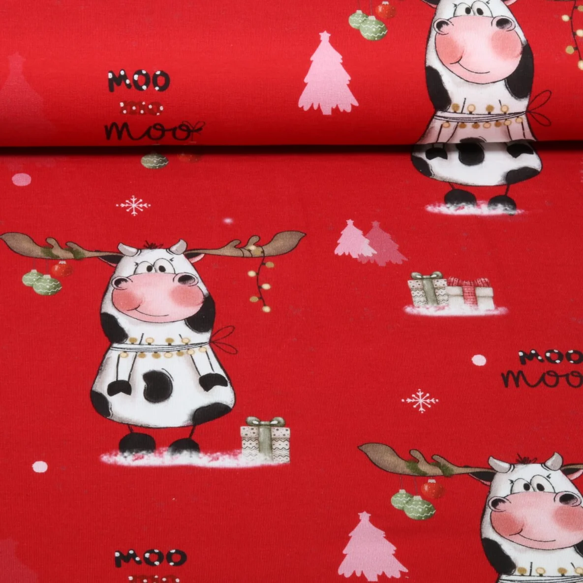 French Terry X-Mas Kühe Rot