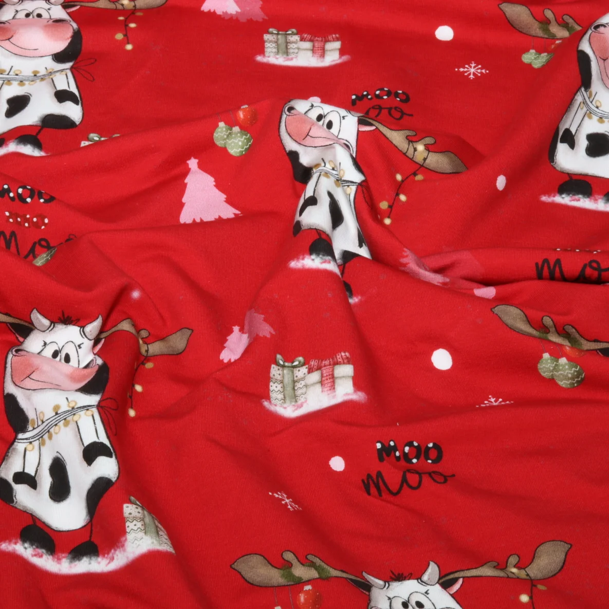 French Terry X-Mas Kühe Rot