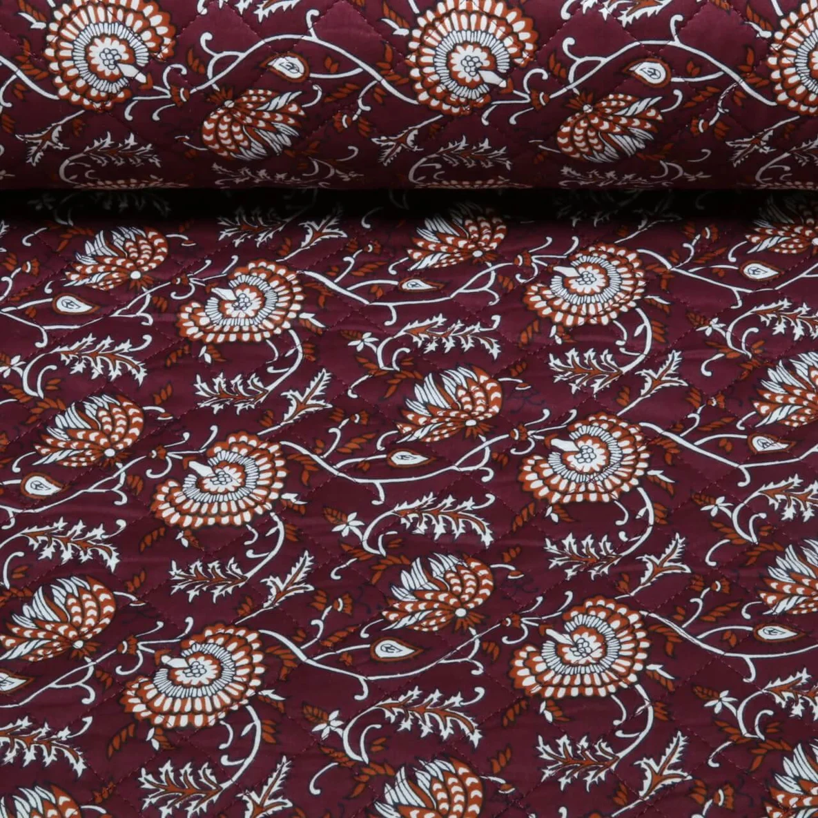 Gesteppter Jackenstoff Doubleface Blüten & Ornamente Weinrot