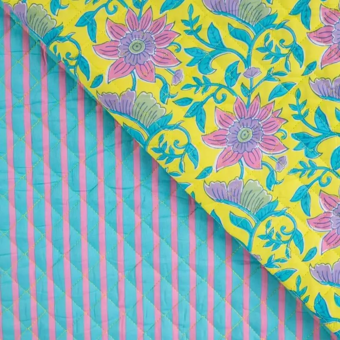 Gesteppter Jackenstoff Doubleface Blüten & Streifen Gelb