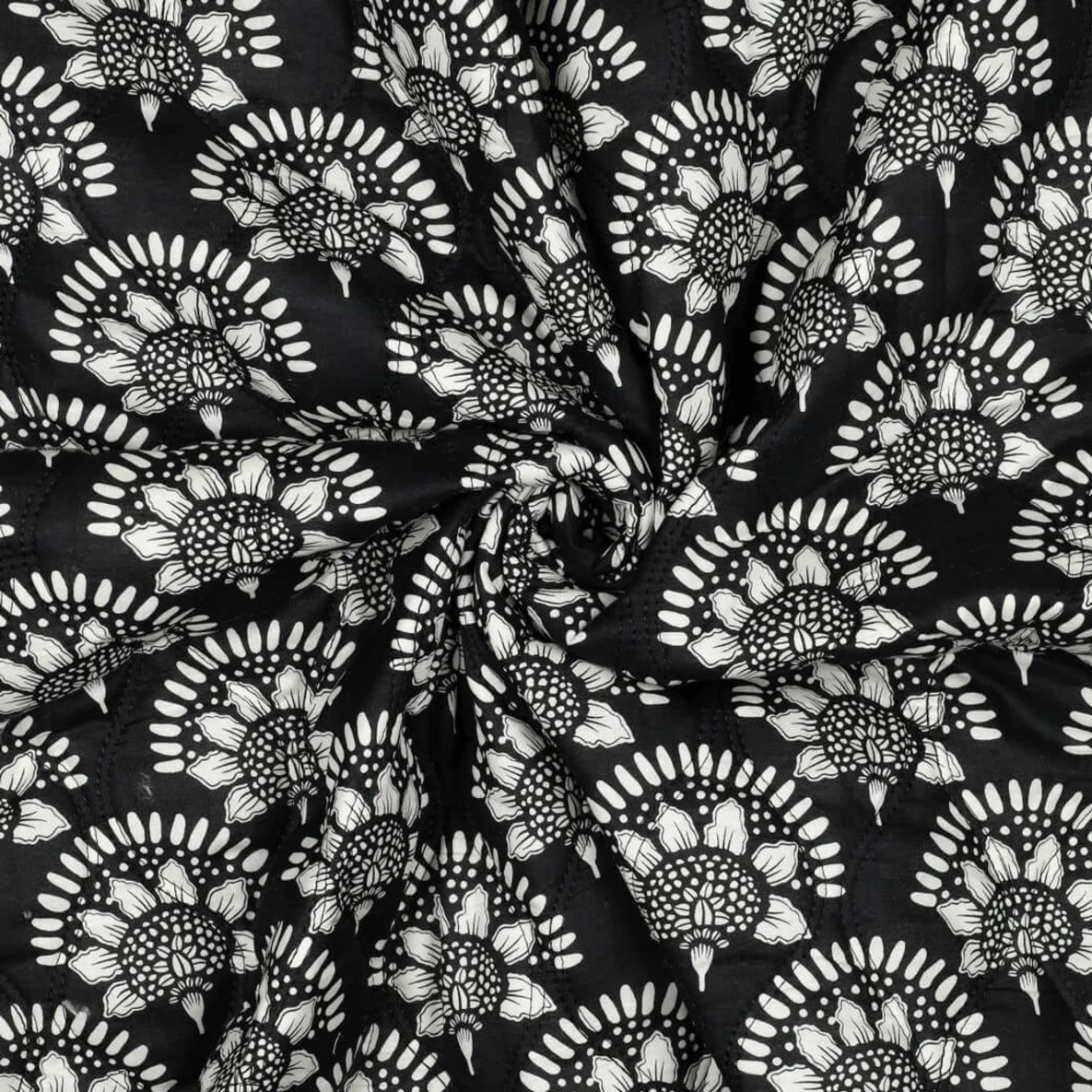 Gesteppter Jackenstoff Doubleface Blumen Schwarz Weiß