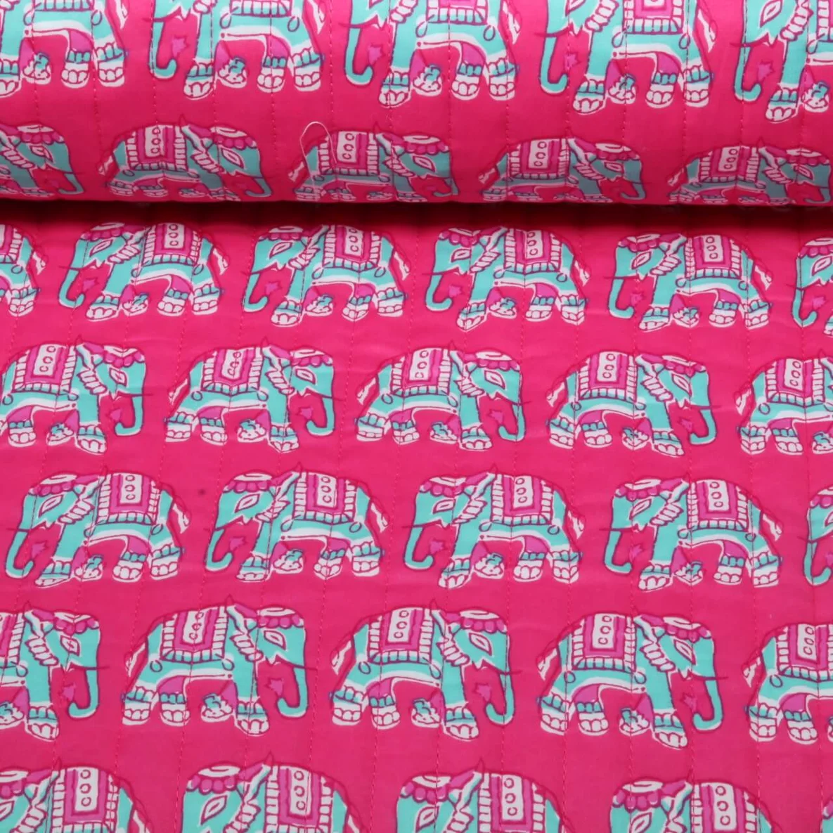 Gesteppter Jackenstoff Doubleface Elefanten & Streifen Pink