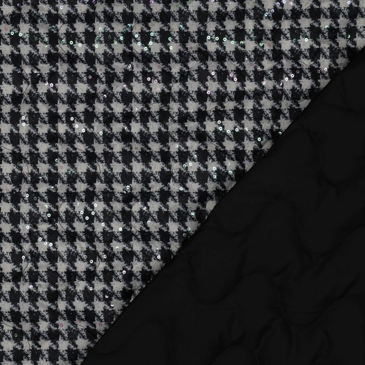 Gesteppter Jackenstoff Hahnentritt mit Pastellpailletten Schwarz 