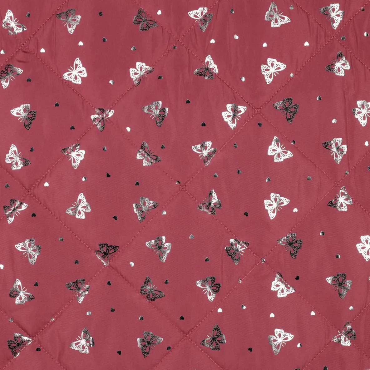 Gesteppter Jackenstoff Schmetterlinge Foliendruck Altrosa