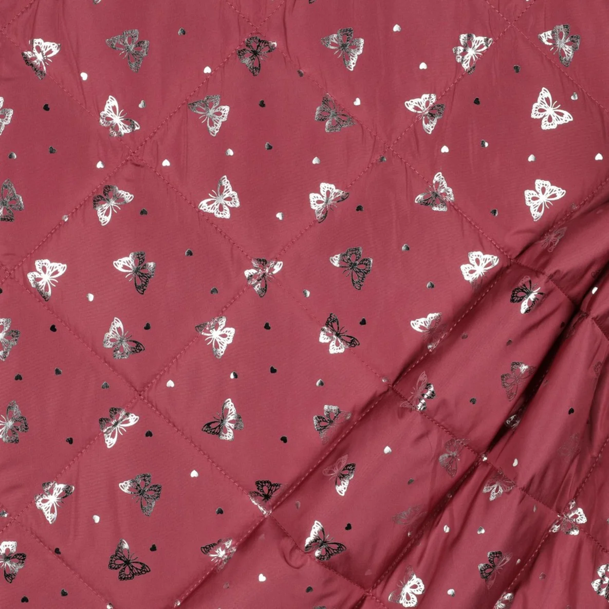 Gesteppter Jackenstoff Schmetterlinge Foliendruck Altrosa