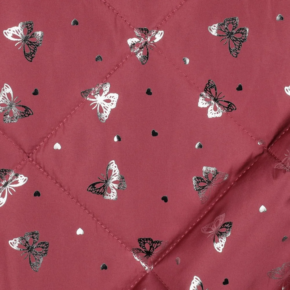 Gesteppter Jackenstoff Schmetterlinge Foliendruck Altrosa