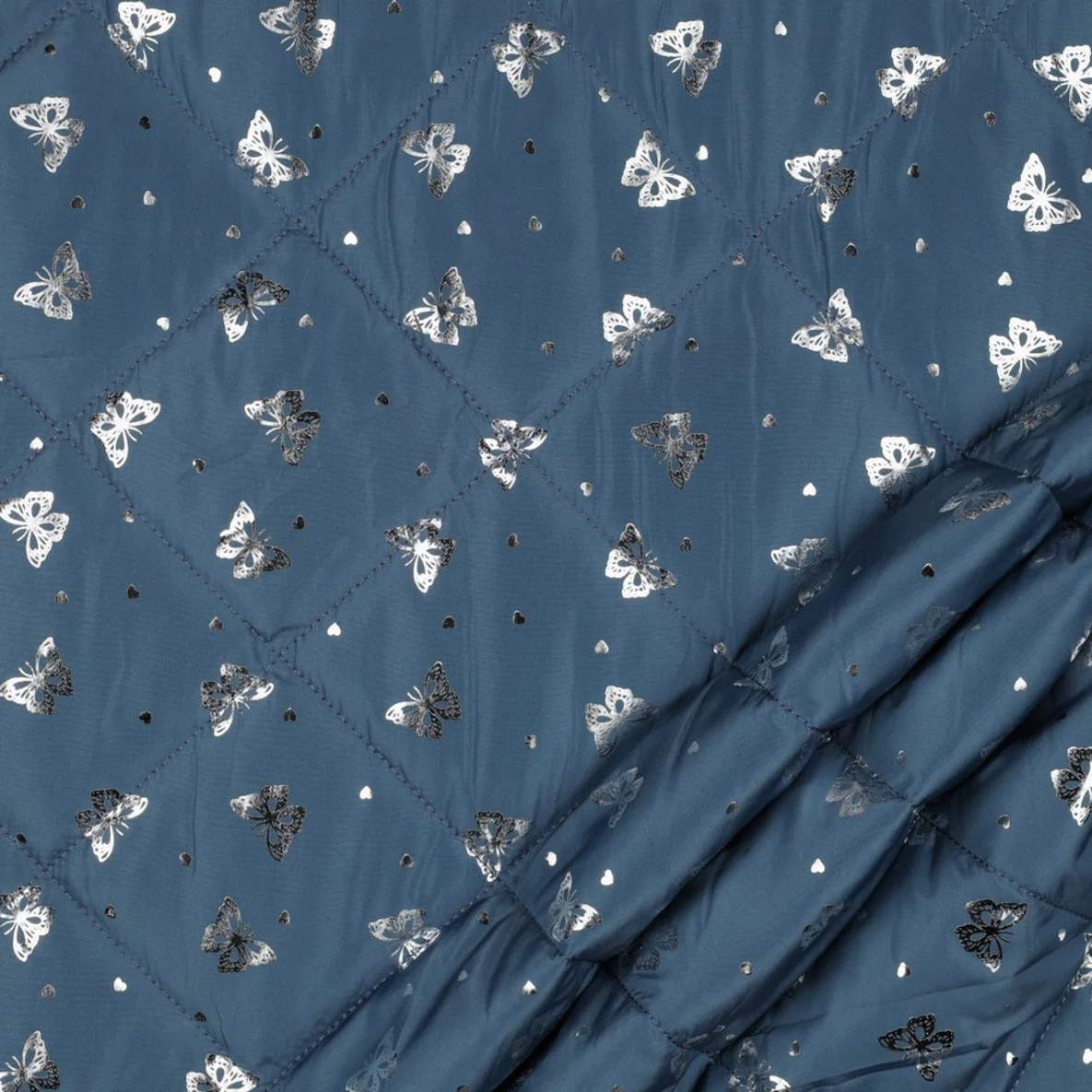 Gesteppter Jackenstoff Schmetterlinge Foliendruck Jeansblau