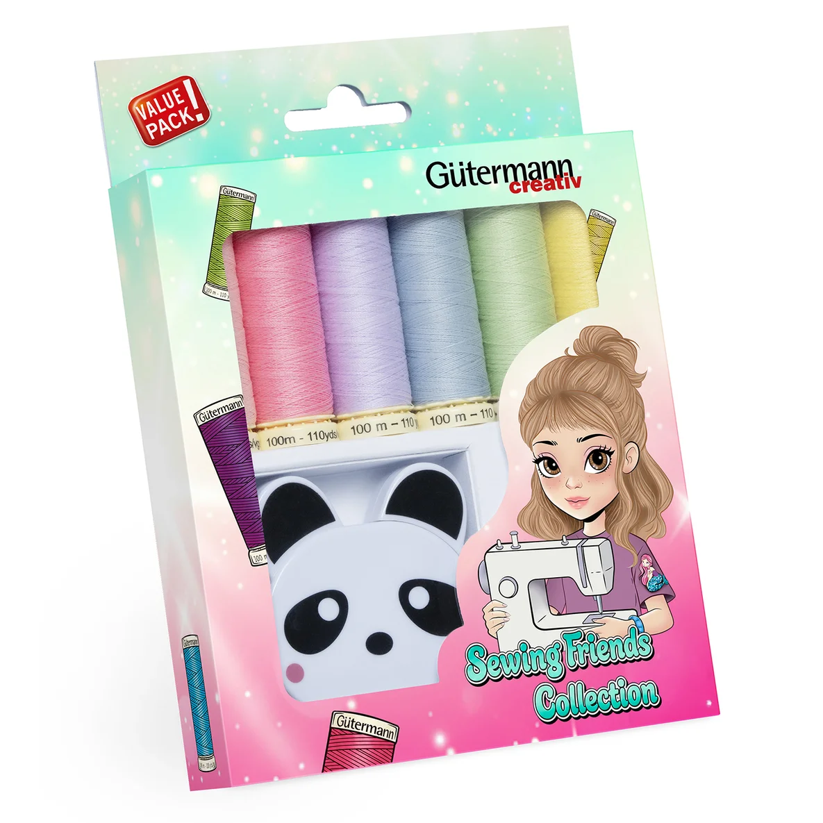 Gütermann Set Sewing Friends Collection 6x100m mit Panda Rollmaßband