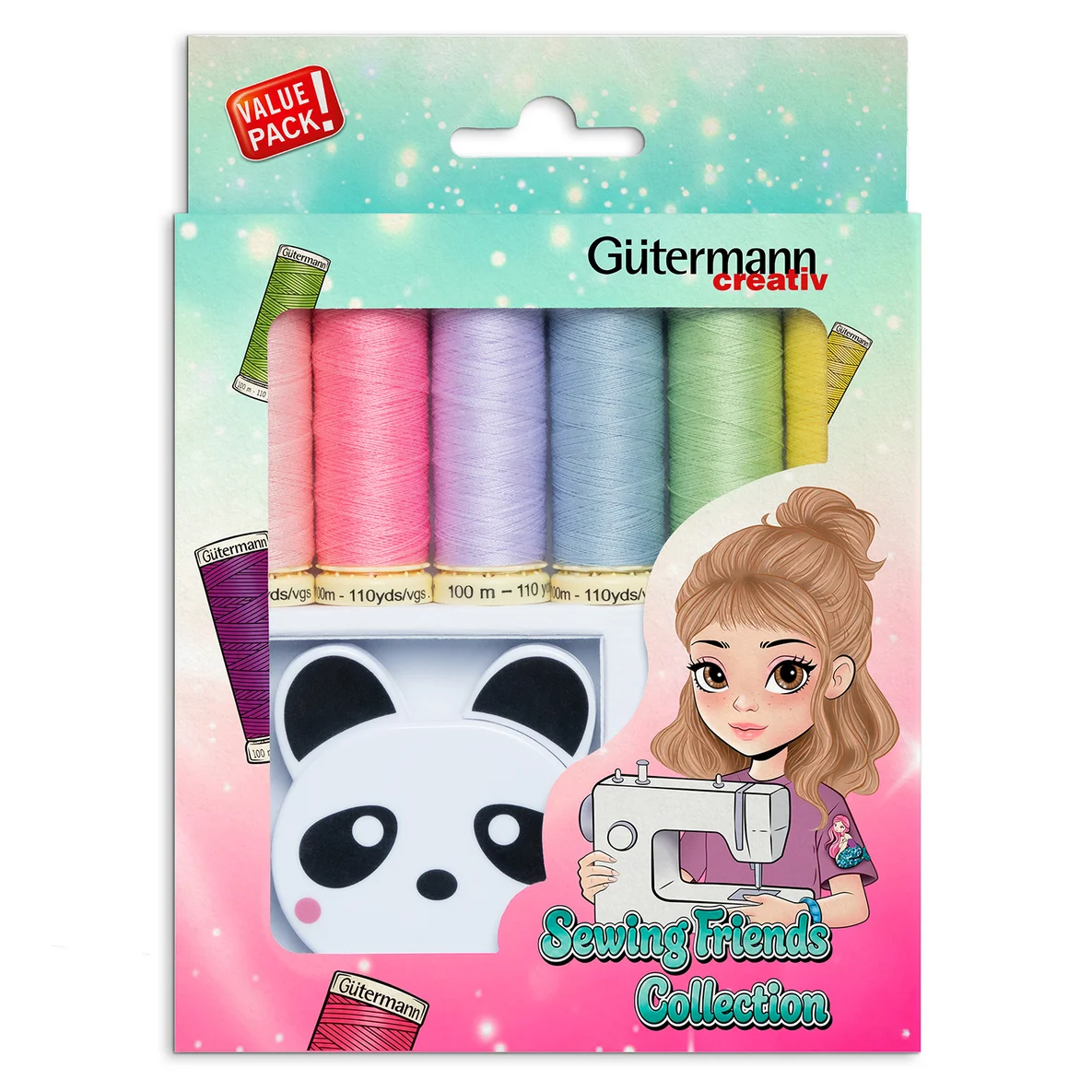 Gütermann Set Sewing Friends Collection 6x100m mit Panda Rollmaßband