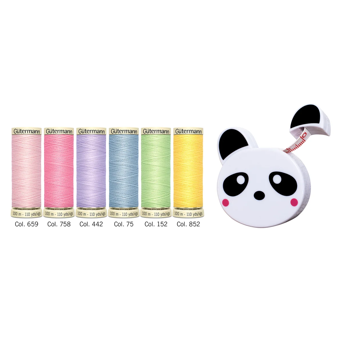 Gütermann Set Sewing Friends Collection 6x100m mit Panda Rollmaßband