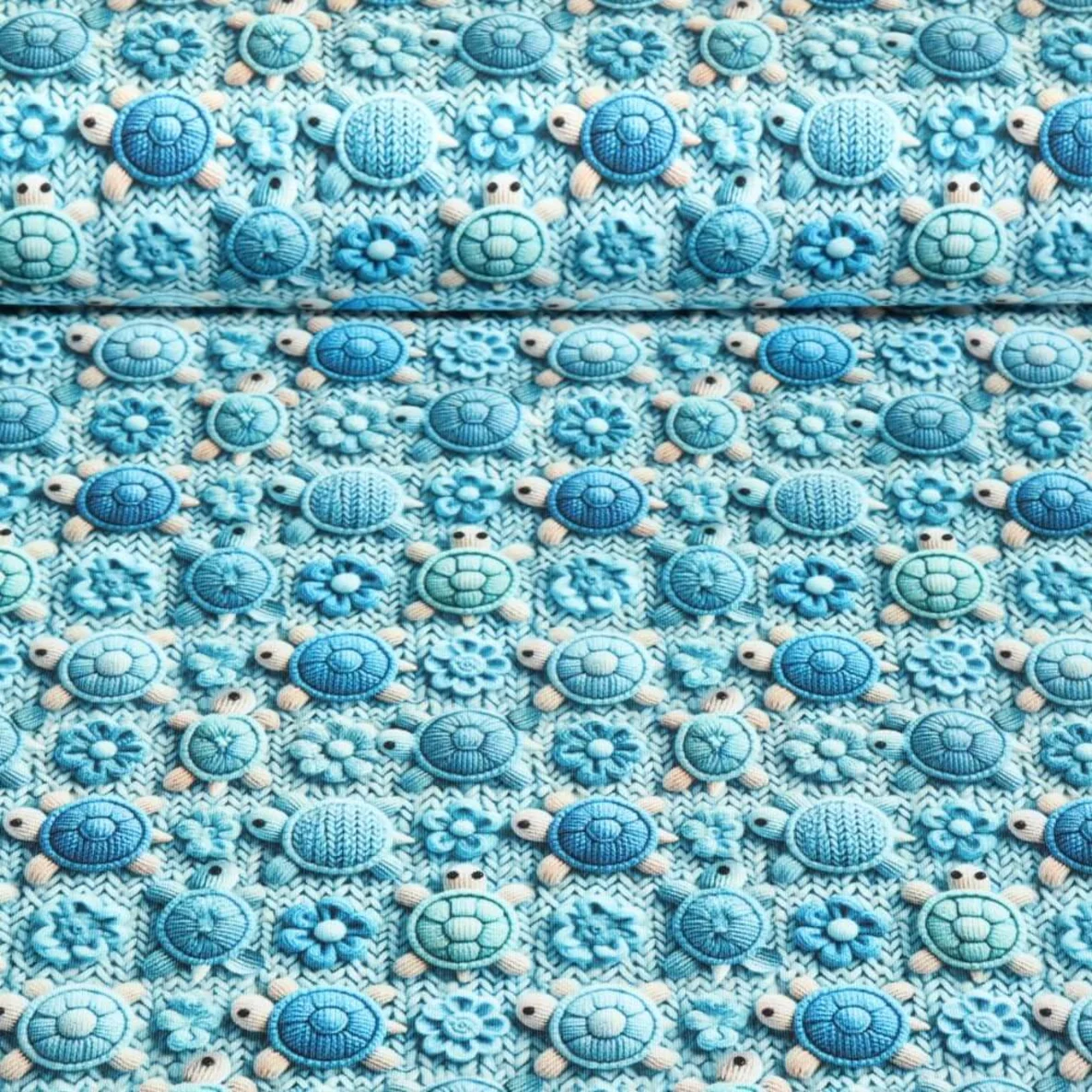Jersey 3D Strickoptik Schildkröten Hellblau 