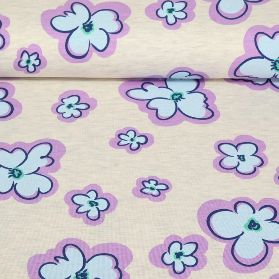 Jersey Blüten Ecru Melange