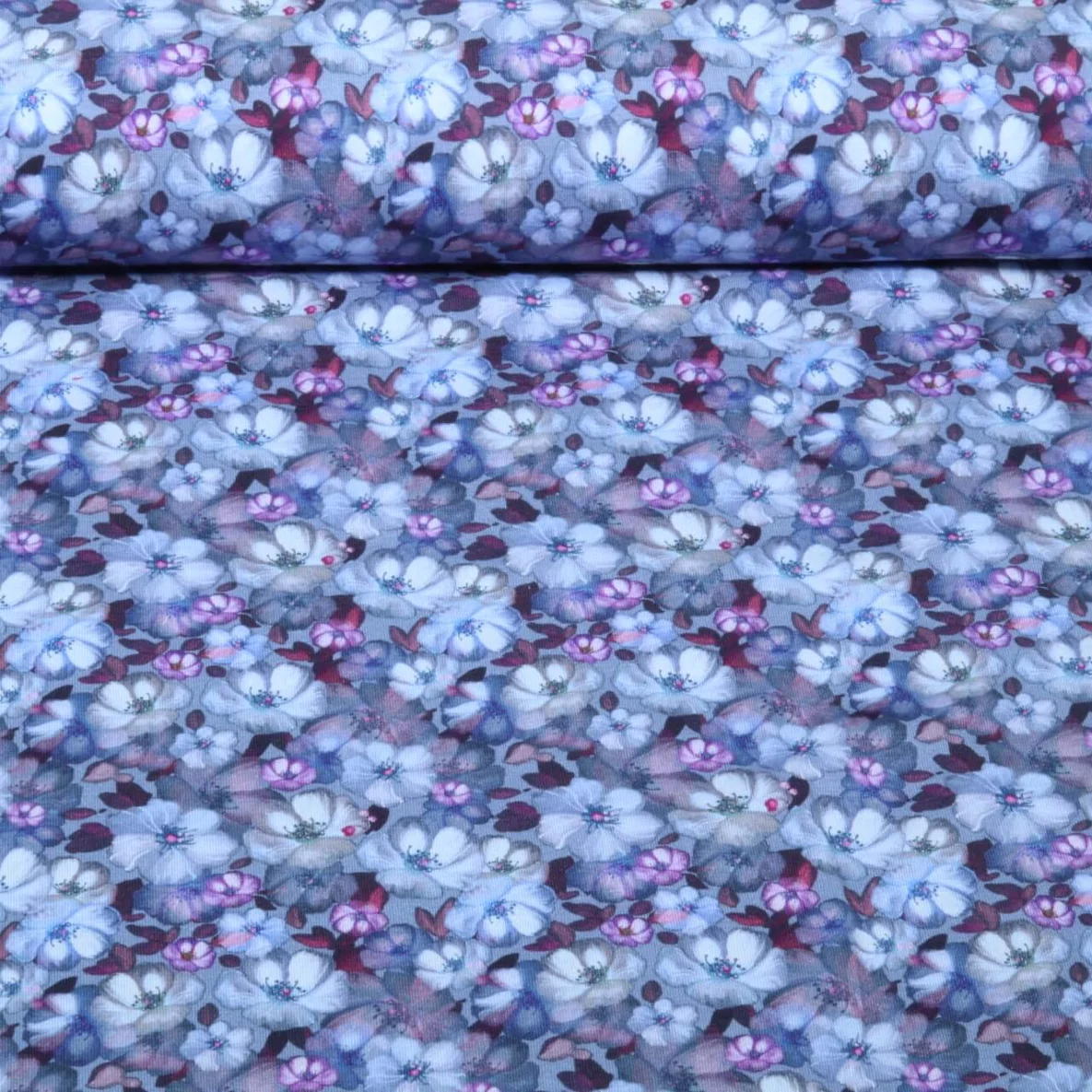 Jersey Digitaldruck Blüten Jeansblau