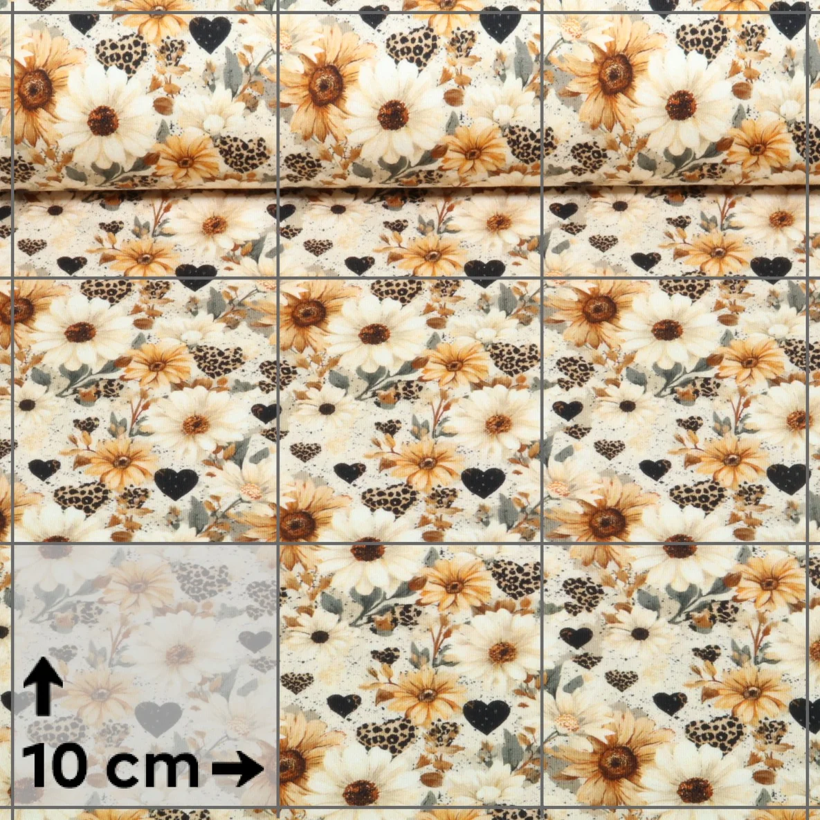 Jersey Digitaldruck Blüten Kleine Leoherzen Beige