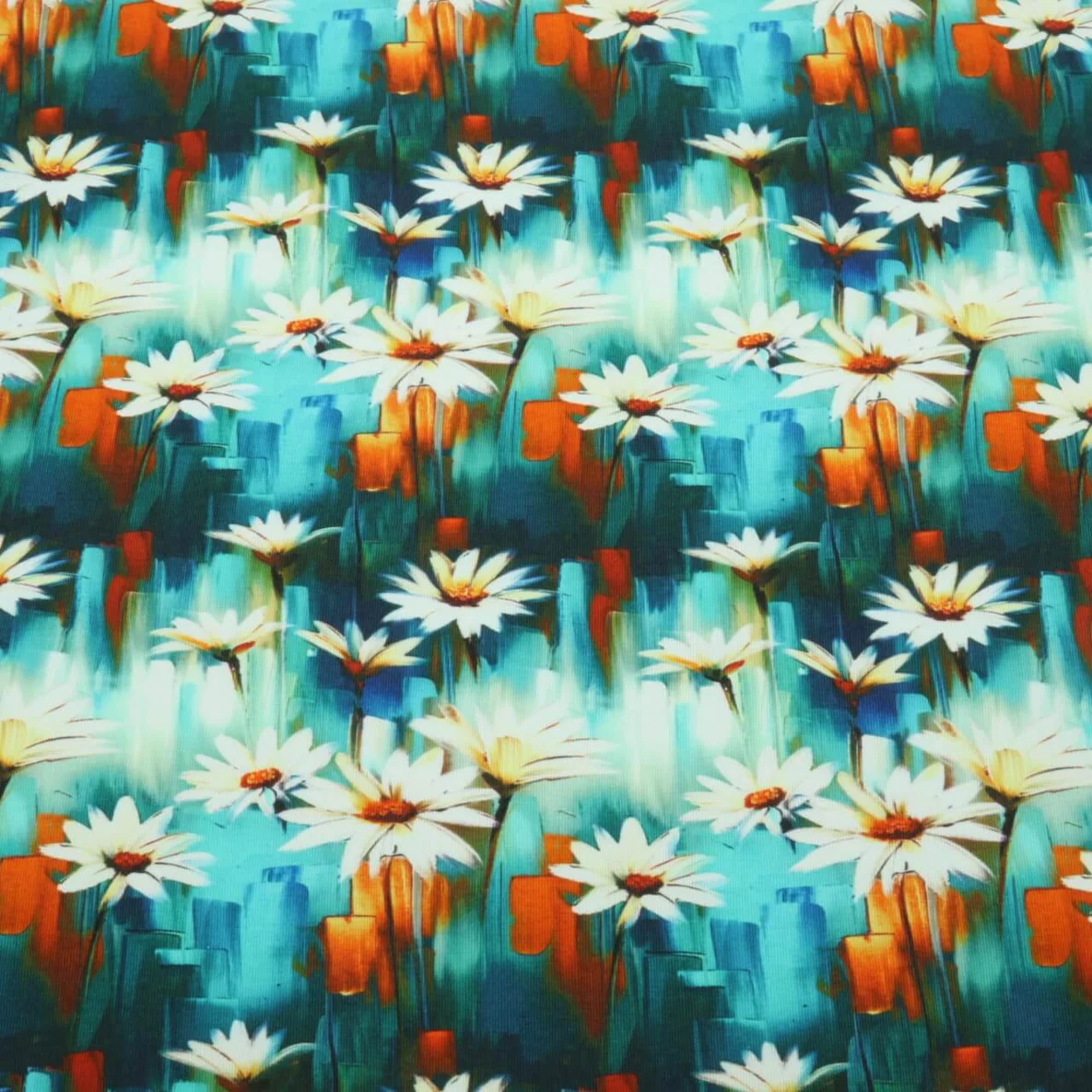 Jersey Digitaldruck Blumen Margeriten Petrol