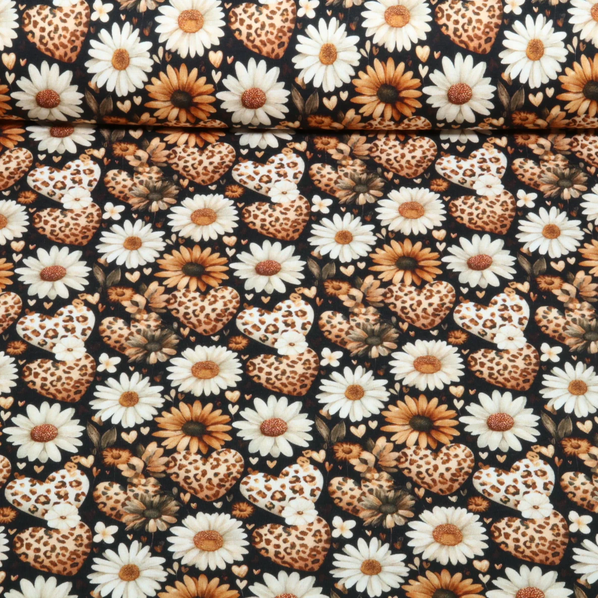 Jersey Digitaldruck Leoherzen Blüten Schwarz